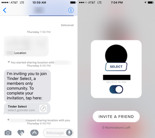 Imagen: la invitación para unirse a Tinder Select (vía: TechCrunch).